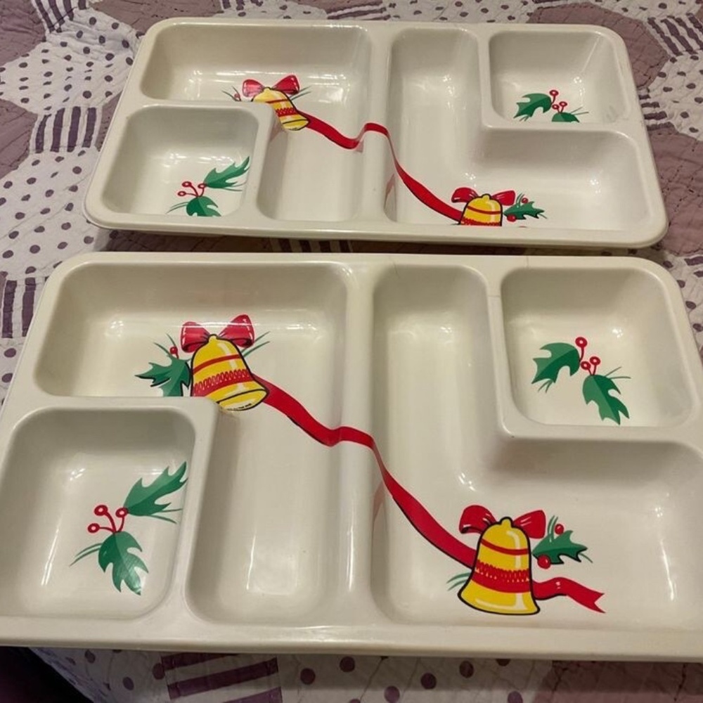 2 VTG 16" Art Form Rigid Plastic Divided Christmas Bells Chip Dip Appetizer Tray